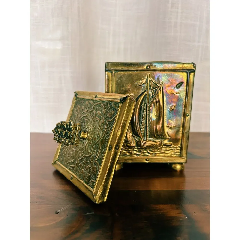 Antique Embossed Brass HMS Victory Maritime Tea Caddy / Tobacco Box